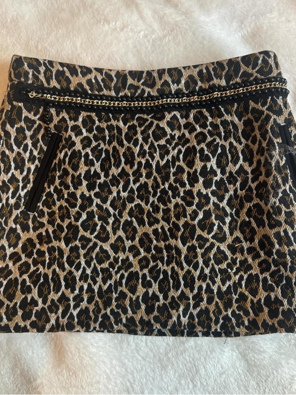 Express Leopard Print Mini Skirt with Chain Detail - Black & Tan